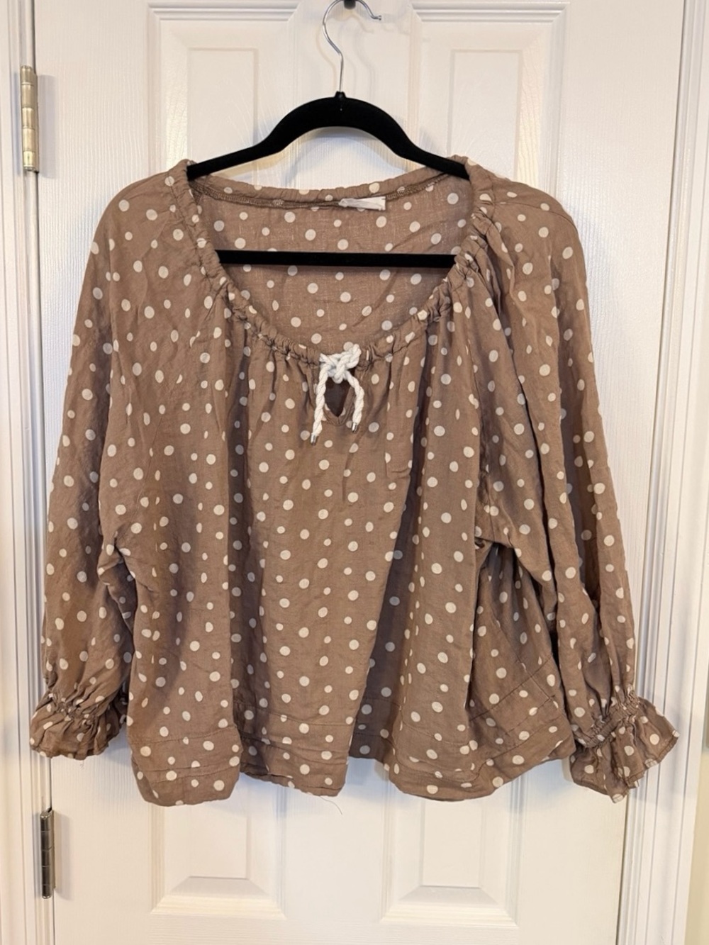Bucket List Brown Polka Dot Cotton Boho Peasant Blouse Size M